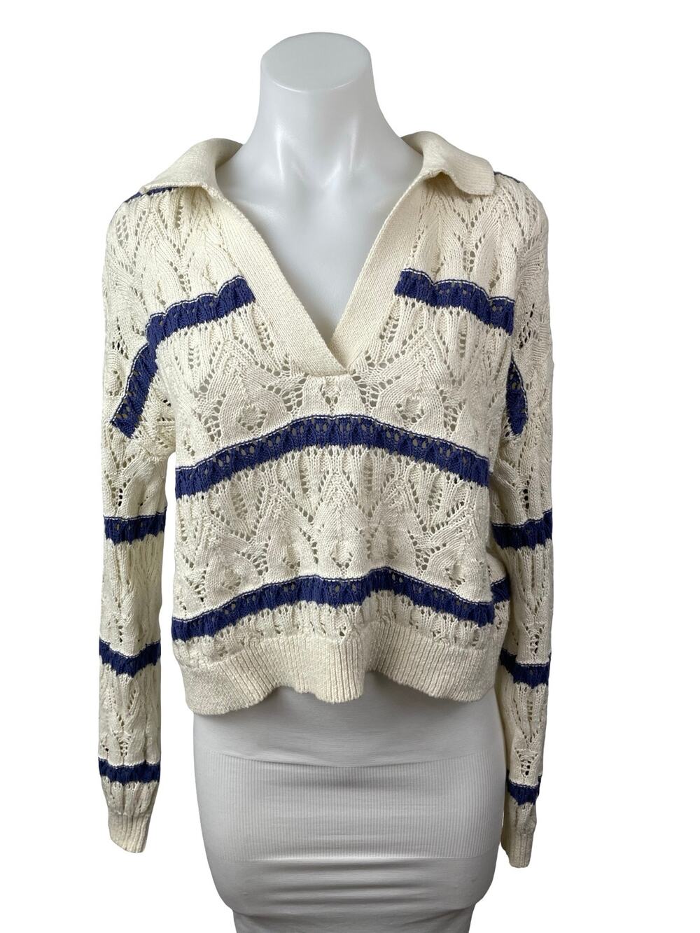 Universal Thread Cream Blue Knit Striped V Neck Long Sleeve Polo Sweater Top S